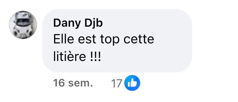 Commentaire Facebook de Dany Djb (17 J’aime) : « Elle est top cette litière !!! »