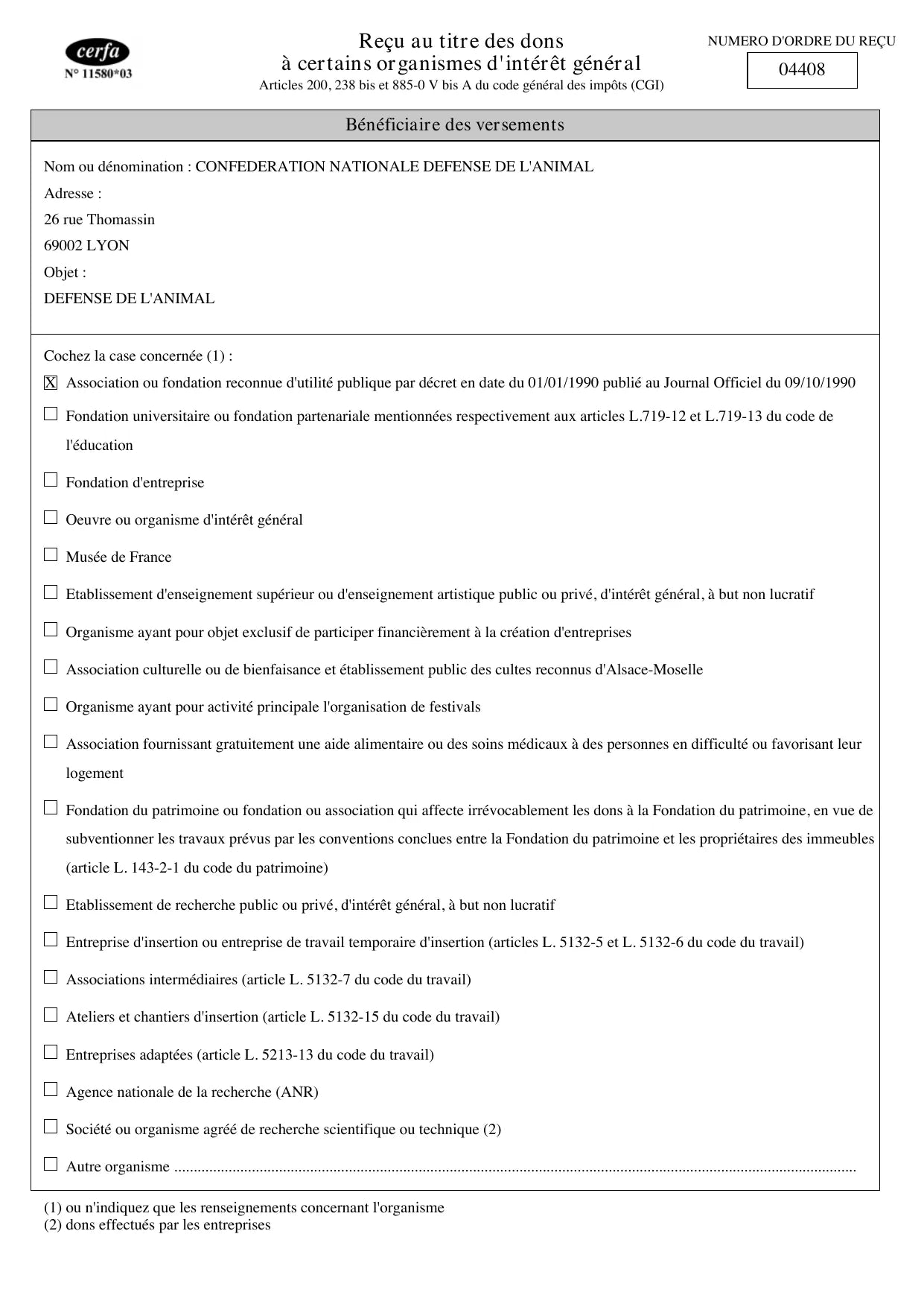 Reçu fiscal, page 1 : bénéficiaire Confédération nationale Défense de l'animal, association reconnue d'utilité publique