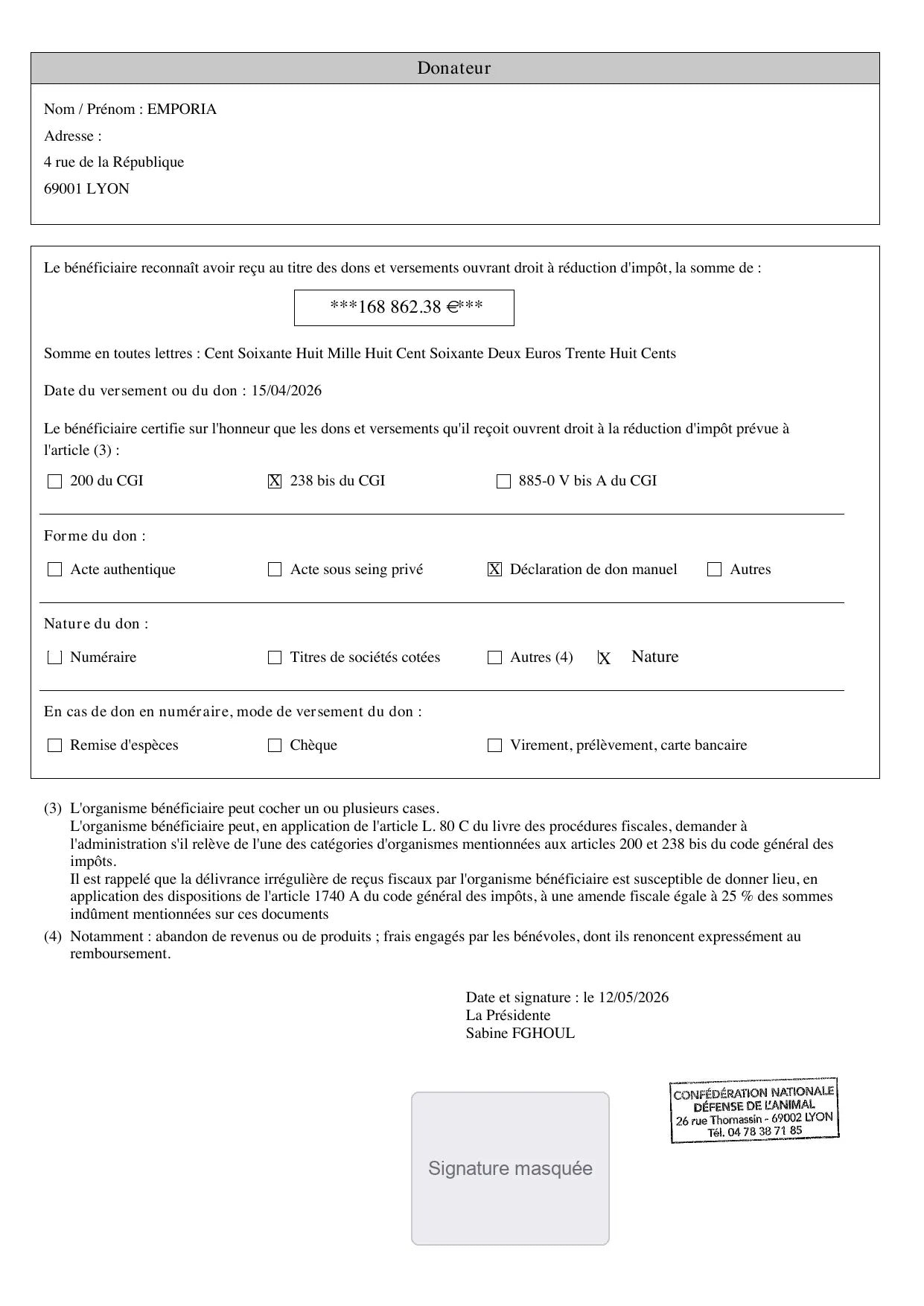 Reçu fiscal, page 2 : donateur Emporia, 168 862,38 €, don en nature du 15/04/2026, cachet de l'association